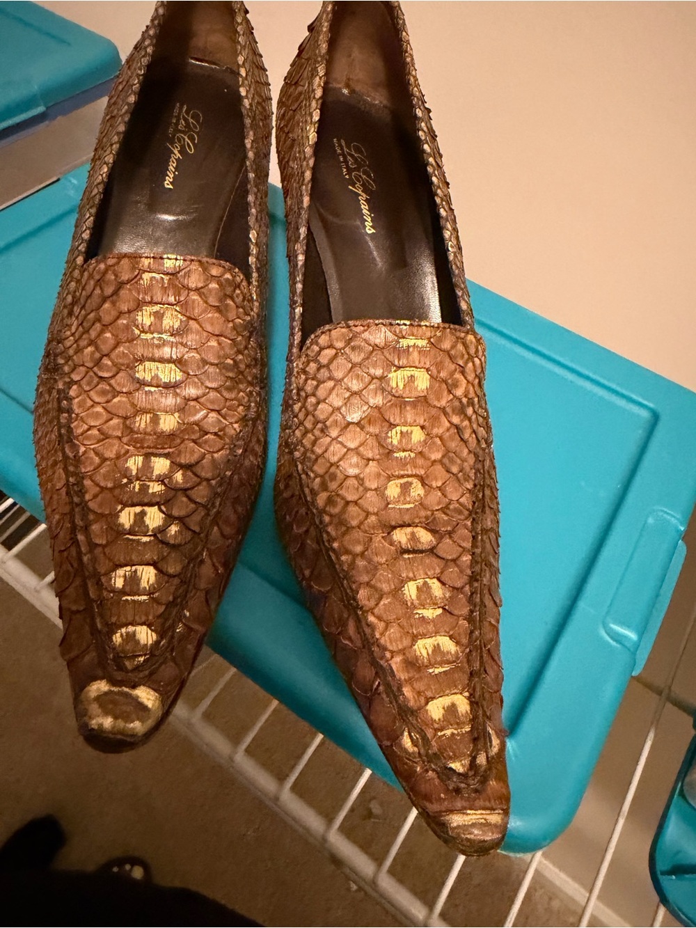 Les Copains Brown Metallic Snakeskin Pointed Loafers